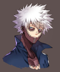 Rule 34 | 1boy, alternate hair color, black jacket, blue eyes, boku no hero academia, brown background, burn scar, collarbone, commentary request, cropped shoulders, dabi (boku no hero academia), ear piercing, grey background, highres, jacket, looking at viewer, male focus, piercing, scar, shion (mnkrtube), shirt, simple background, solo, spiked hair, spoilers, upper body, white hair