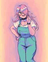 Rule 34 | 1girl, absurdres, akiosketch, blue eyes, blush, breasts, choker, cleavage, collarbone, glasses, hair over one eye, hand on own hip, highres, large breasts, long bangs, long hair, looking at viewer, open mouth, original, overalls, pink hair, round eyewear, shirt, short sleeves, smile, solo, teeth, upper teeth only, white shirt