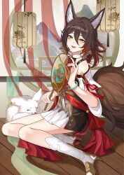 1girl absurdres animal_ears bare_shoulders bracelet brown_hair earrings fox fox_ears fox_girl fox_tail full_body gradient_hair green_eyes hair_between_eyes hand_fan highres holding honkai:_star_rail honkai_(series) jade_bracelet jewelry lantern lattice looking_at_viewer mountain multicolored_hair open_mouth sitting smile solo tail tassel tingyun_(honkai:_star_rail) tuanshan wooden_floor xuan_xuan_xuan_za