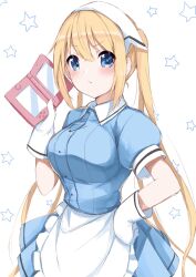 Rule 34 | &gt;:(, 1girl, apron, blend s, blonde hair, blue eyes, blue shirt, blue skirt, blush, breasts, bright pupils, closed mouth, commentary, cowboy shot, eyelashes, eyes visible through hair, frilled apron, frills, frown, gloves, hair between eyes, hand on own hip, hand up, handheld game console, head scarf, highres, hinata kaho, holding, holding handheld game console, large breasts, long hair, looking at viewer, miniskirt, nintendo 3ds, puffy short sleeves, puffy sleeves, shirt, short sleeves, simple background, skirt, solo, standing, star (symbol), twintails, v-shaped eyebrows, very long hair, waitress, white apron, white background, white gloves, white pupils, yanagi marie