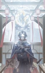 Rule 34 | 1boy, absurdres, architecture, arknights, banner, black hair, black pants, black shirt, blue cloak, blue eyes, bowl, building, clenched hand, cloak, dragon, east asian architecture, eastern dragon, gauntlets, hand on own chest, highres, indoors, lantern, looking at viewer, male focus, mandarin collar, multiple swords, pants, pointy ears, serious, sheath, sheathed, shinonoi kekki, shirt, solo, streamers, sword, table, weapon, window, zuo le (arknights)