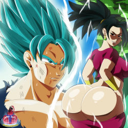 Rule 34 | 10s, 1boy, 1girl, angry, ass, aura, black eyes, blue eyes, blue hair, breasts, bruise, clothes pull, dragon ball, dragon ball super, earrings, fusion, grin, hetero, hip focus, huge ass, injury, jewelry, kefla (dragon ball), naughty face, pants, pants pull, ponytail, potara earrings, potara fusion, red pants, red shirt, saiyan, shirt, sideboob, smile, son goku, spiked hair, staring, sweat, wide hips
