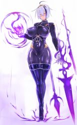 Rule 34 | 1girl, ahoge, bodysuit, breasts, covered erect nipples, covered navel, full body, glasses, gloves, highres, lance, large breasts, latex, latex suit, looking at viewer, magic, multicolored hair, original, polearm, purple hair, shiny clothes, short hair, silver hair, skin tight, solo, streaked hair, two-tone hair, uni96 (uknee96), weapon, white gloves, yellow eyes
