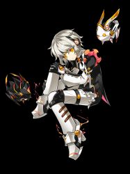 Rule 34 | 1girl, android, artist request, code: unknown (elsword), earpiece, elsword, eve (elsword), expressionless, facial mark, forehead jewel, frills, full body, gloves, hand on leg, highres, leg up, looking at viewer, moby (elsword), official art, remy (elsword), short hair, silver hair, solo, transparent background, yellow eyes