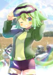 Rule 34 | 1girl, animal ears, arms up, black shorts, black thighhighs, blurry, blurry background, blush, cat ears, cat girl, cat tail, commentary request, depth of field, goggles, goggles on head, green eyes, green hair, green jacket, green sweater, grin, hair between eyes, jacket, kou hiyoyo, long sleeves, looking at viewer, one eye closed, open clothes, open jacket, original, puffy long sleeves, puffy sleeves, short shorts, shorts, smile, solo, sweater, tail, thighhighs
