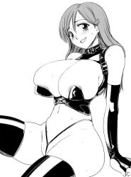 Rule 34 | 00s, 1girl, 774 (nanashi), bleach, blush, breasts, collar, curvy, gloves, greyscale, huge breasts, inoue orihime, leather, long hair, monochrome, panties, sitting, solo, sweat, thighhighs, thong, underwear
