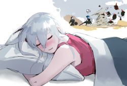 Rule 34 | 1girl, arknights, bare shoulders, blanket, breasts, closed eyes, commentary, dongho kang, dreaming, hair between eyes, holding, long hair, lying, medium breasts, hugging object, on stomach, pillow, pillow hug, pink tank top, silver hair, skadi (arknights), sleeping, solo, sword, tank top, weapon