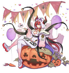 Rule 34 | 1girl, absurdres, balloon, bodysuit, breasts, carrot, cleavage, cleavage cutout, clothing cutout, confetti, full body, fur trim, hand up, hellk111, highres, horns, long hair, medium breasts, on pumpkin, original, pumpkin, purple eyes, red hair, shoes, simple background, sitting, solo, white background