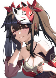 Rule 34 | 1girl, absurdres, bell, black choker, black sash, blunt bangs, brown hair, choker, commentary request, criss-cross halter, detached sleeves, dress, eyeshadow, facial mark, fox mask, grin, halterneck, highres, honkai: star rail, honkai (series), jingle bell, long hair, looking at viewer, makeup, mask, mask on head, neck bell, obi, pink eyes, red dress, sash, simple background, smile, solo, sparkle (honkai: star rail), talo (63078778), twintails, upper body, very long hair, white background