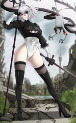 Rule 34 | 1girl, 2b (nier:automata), 2b (nier:automata) (cosplay), absurdres, ahoge, arm up, black leotard, blindfold, blindfold lift, boots, breasts, cleavage, cleavage cutout, clothing cutout, cosplay, fate/grand order, fate (series), flag, full body, gluteal fold, heattech leotard, high heel boots, high heels, highres, holding, holding sword, holding weapon, isane, jeanne d&#039;arc alter (avenger) (fate), jeanne d&#039;arc alter (fate), large breasts, leotard, lifting own clothes, looking at viewer, nier:automata, nier (series), parted lips, planted, pod (nier:automata), puffy sleeves, ruins, short hair, sword, thigh boots, thighhighs, thighs, turtleneck, two-tone leotard, weapon, white hair, white leotard, yellow eyes
