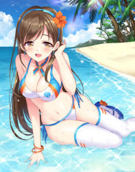 Rule 34 | 10s, 1girl, arm support, arm up, beach, blue footwear, blush, bra, bracelet, breasts, brown eyes, brown hair, cleavage, cloud, day, earrings, flower, groin, hair flower, hair ornament, hairband, idolmaster, idolmaster cinderella girls, jewelry, large breasts, long hair, looking at viewer, md5 mismatch, navel, nitta minami, open mouth, outdoors, palm tree, panties, resolution mismatch, revision, senri gan, shoes, side-tie panties, smile, solo, source smaller, thighhighs, tree, underwear, underwear only, water, wet, white thighhighs