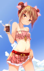 Rule 34 | 1girl, bare arms, bare shoulders, blush, bow, brown hair, cafe-chan to break time, cafe (cafe-chan to break time), cup, day, double bun, drinking glass, drinking straw, gradient background, hair bow, hair bun, head tilt, highres, holding, holding cup, holding drinking glass, looking at viewer, midriff, navel, one-piece tan, original, personification, porurin (do-desho), red eyes, skirt, sky, solo, strapless, striped clothes, striped skirt, tan, tanline, vertical-striped clothes, vertical-striped skirt