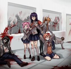 Rule 34 | &gt; &lt;, 2boys, 4girls, absurdres, all fours, alternate universe, axe, blank eyes, blood, blood on clothes, blue pants, blue skirt, breasts, brown footwear, collared shirt, colored skin, commentary, crying, doki doki literature club, english commentary, fang, green skin, grey jacket, hair intakes, highres, holding, holding axe, jacket, long hair, ma2 ereki, medium breasts, monika (doki doki literature club), multiple boys, multiple girls, natsuki (doki doki literature club), neck ribbon, open mouth, pants, parted lips, pink hair, ponytail, protagonist (doki doki literature club), red ribbon, ribbon, sayori (doki doki literature club), scared, school uniform, shirt, shoes, short hair, sidelocks, skirt, small breasts, smile, socks, very long hair, white shirt, white socks, window, yuri (doki doki literature club), zombie