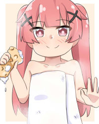 Rule 34 | 1girl, bare arms, bare shoulders, blush, brown background, brown eyes, closed mouth, collarbone, commentary request, hair ornament, highres, holding, kapuru 0410, long hair, looking at viewer, naked towel, red hair, smile, soap bubbles, solo, sponge, tanemura koyori, towel, twintails, two-tone background, upper body, very long hair, watashi ni tenshi ga maiorita!, white background, x hair ornament