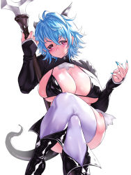 Rule 34 | 1girl, absurdres, ankle boots, bikini, black bikini, black footwear, blue hair, blue nails, blush, boots, breasts, bright pupils, broken horn, closed mouth, covered erect nipples, crossed bangs, crossed legs, demon girl, demon horns, fingernails, hair between eyes, hands up, highres, holding, holding staff, horns, huge breasts, invisible chair, juliet sleeves, long sleeves, looking at viewer, micro bikini, nail polish, onsoku inu, original, pink eyes, puffy sleeves, purple thighhighs, red eyes, short hair, shrug (clothing), simple background, sitting, solo, staff, swimsuit, tail, tareme, thighhighs, white background, white pupils