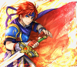 Rule 34 | 1boy, armor, blue armor, blue eyes, breastplate, cape, fire, fire emblem, fire emblem: the binding blade, flaming sword, flaming weapon, gradient background, headband, male focus, nintendo, red hair, roy (fire emblem), smile, solo, super smash bros., sword, techitoni, weapon