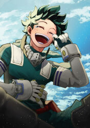 Rule 34 | 1boy, belt, belt pouch, blue sky, blurry, blurry foreground, blush, bodysuit, boku no hero academia, cloud, cloudy sky, curly hair, film grain, floating clothes, floating hair, freckles, gloves, gradient sky, green bodysuit, green gloves, green hair, hand on own stomach, hand on own face, hands up, happy, light particles, male focus, midoriya izuku, open mouth, pouch, raised eyebrows, red belt, round teeth, shinobu wo, short hair, signature, sitting, sky, smile, tearing up, tears, teeth, twitter username, two-tone gloves, upper body, white gloves, wiping tears