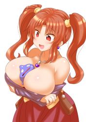 Rule 34 | 1girl, :d, bare shoulders, between breasts, blush, breast hold, breasts, bursting breasts, cleavage, crossed arms, dragon quest, dragon quest viii, dress, female focus, huge breasts, jessica albert, jewelry, konno tohiro, large breasts, long hair, looking down, necklace, open mouth, orange hair, red eyes, red hair, sexually suggestive, simple background, skindentation, slime (dragon quest), smile, solo, twintails, upper body, white background