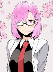 Rule 34 | 1girl, black-framed eyewear, black shirt, blush, commentary, fate/grand order, fate (series), flower, glasses, grey background, hair ornament, hair over one eye, hairclip, highres, jacket, looking at viewer, mash kyrielight, naosuke (morioka shachuu), necktie, opaque glasses, pink eyes, pink flower, pink hair, red necktie, semi-rimless eyewear, shirt, short hair, simple background, smile, solo