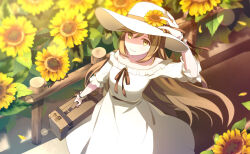 Rule 34 | 1girl, absurdres, anri mike, bench, brown hair, brown ribbon, collarbone, dress, flower, hair between eyes, hat, hat flower, highres, holding, holding suitcase, long hair, looking at viewer, original, outdoors, ribbon, smile, solo, straw hat, suitcase, sun hat, sunflower, white dress, wrist cuffs, yellow flower