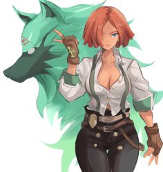 Rule 34 | 1girl, belt, black pants, blue eyes, breasts, brown gloves, cleavage, collared shirt, cowboy shot, fingerless gloves, giovanna (guilty gear), gloves, green fur, guilty gear, guilty gear strive, hair over one eye, hand up, high-waist pants, highres, index finger raised, long sleeves, looking at viewer, pants, partially unbuttoned, police badge, rakeemspoon, rei (guilty gear), shirt, suspenders, white background, wolf