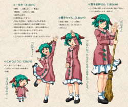 Rule 34 | 1girl, age progression, animal ears, arm up, bamboo, bamboo broom, beige background, blush stickers, broom, chibi, closed eyes, dress, green hair, height, height difference, highres, kasodani kyouko, leg up, long sleeves, looking at viewer, multiple persona, one eye closed, pink dress, ringed eyes, short hair, simple background, standing, standing on one leg, tarokii, text focus, touhou, translation request, wink