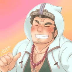Rule 34 | 1boy, :d, ^ ^, bara, bead necklace, beads, blush, chest hair, closed eyes, cross scar, closed eyes, facial hair, goatee, green kimono, grin, hood, hood up, hooded jacket, houzouin oniwaka, jacket, japanese clothes, jewelry, kemonosuke (kmskths), kimono, long sideburns, male focus, mature male, muscular, muscular male, necklace, open clothes, open jacket, open mouth, pectoral cleavage, pectorals, pointing, pointing at self, scar, scar on face, scar on forehead, short hair, sideburns, smile, solo, stubble, thick eyebrows, tokyo houkago summoners, upper body