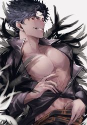 Rule 34 | 1boy, bare pectorals, belial (granblue fantasy), black feathers, black hair, black shirt, buttons, collarbone, commentary request, feather boa, feathers, granblue fantasy, highres, long sleeves, male focus, open clothes, open shirt, pectorals, red eyes, shirt, short hair, solo, teeth, upper body, white background, zeta (ace 343)