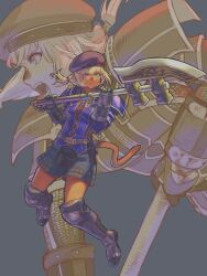 Rule 34 | 1girl, absurdres, adventurer (ff11), axe, beret, blonde hair, blue eyes, boots, breasts, brown tail, cat girl, cat tail, closed mouth, dark-skinned female, dark skin, final fantasy, final fantasy xi, floating hair, frown, grey background, hat, highres, holding, holding axe, knee boots, medium breasts, mithra (ff11), open mouth, short hair, shorts, simple background, solo, tail, yuccoshi