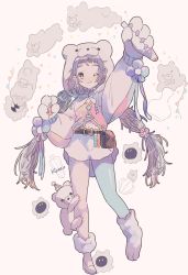 Rule 34 | 1girl, ;), artist name, asymmetrical clothes, bear, belt, belt buckle, bottle, buckle, clothing request, commentary request, copyright request, earrings, hat, highres, hood, hoodie, jewelry, jikuno, one eye closed, pants, paw pose, purple hair, shoes, shorts, simple background, single pantsleg, smile, smoke, solo, tagme, tongue, tongue out, vial