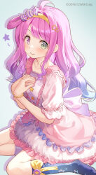Rule 34 | 1girl, black socks, blue hair, breasts, closed mouth, commentary request, dress, frilled dress, frills, fujima takuya, gradient hair, green eyes, hair ornament, hairband, hands up, heterochromia, himemori luna, hololive, kneehighs, long hair, long sleeves, looking at viewer, multicolored hair, nail polish, no shoes, pink dress, pink hair, pink nails, print socks, puffy long sleeves, puffy sleeves, purple eyes, sitting, small breasts, smile, socks, solo, star (symbol), star hair ornament, star print, very long hair, virtual youtuber, wariza, white dress, yellow hairband