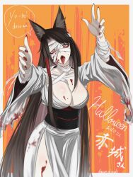 Rule 34 | 1girl, akagi (azur lane), akizuki (17769498), animal ears, azur lane, breasts, cleavage, cowboy shot, fox ears, fox girl, halloween, highres, japanese clothes, large breasts, red eyes, red nails, solo, speech bubble, tongue, tongue out, wide sleeves