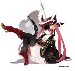 Rule 34 | 1girl, ahoge, black bow, black coat, black gloves, black thighhighs, boots, bow, breasts, candy, cleavage, closed mouth, coat, date a live, floating hair, flower, food, full body, gloves, gun, hair between eyes, hair bow, hair flower, hair ornament, hat, holding, holding gun, holding weapon, itsuka kotori, knee boots, leg up, lollipop, long hair, long sleeves, madara sai, miniskirt, open clothes, open coat, red eyes, red footwear, red hair, rose, simple background, sitting, skirt, small breasts, solo, sparkle, thighhighs, twintails, very long hair, weapon, white background, white flower, white rose, white skirt, yellow flower, yellow rose, zettai ryouiki