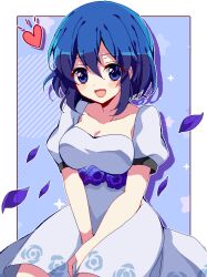 Rule 34 | 1girl, between legs, blue background, blue dress, blue eyes, blue feathers, blue hair, bluestar iz, blush stickers, border, breasts, cleavage, collarbone, dress, feathers, floral print, hand between legs, hashtag only commentary, heart, hinata (yanderella), jaggy lines, large breasts, looking at viewer, open mouth, puffy short sleeves, puffy sleeves, short hair, short sleeves, sidelocks, smile, solo, sparkle, star (symbol), white border, yanderella