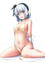 Rule 34 | 1girl, :d, arms behind back, bare arms, bare legs, bare shoulders, bikini, black hairband, black ribbon, breasts, collarbone, commentary request, feet out of frame, front-tie bikini top, front-tie top, green eyes, hair ribbon, hairband, highres, konpaku youmu, looking at viewer, navel, nori tamago, open mouth, ribbon, shirt, short hair, side-tie bikini bottom, silver hair, simple background, sitting, small breasts, smile, solo, stomach, swimsuit, touhou, untied bikini, wariza, white background, white shirt, yellow bikini, yellow ribbon