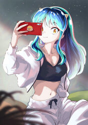 Rule 34 | 1girl, arakan, black shirt, black tank top, blue hair, breasts, cellphone, cone horns, crop top, cropped jacket, green hair, highres, holding, holding phone, horns, jacket, looking at viewer, lum, medium breasts, midriff, multicolored hair, nail, navel, night, outdoors, pants, phone, red nails, selfie, shirt, sky, smartphone, smartphone case, smile, solo, star (sky), starry sky, stomach, takahashi rumiko (style), tank top, two-tone hair, urusei yatsura, white jacket, white pants, yellow eyes
