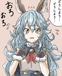 Rule 34 | 10s, 1girl, animal ears, black gloves, blue hair, blush, dora v nu, earrings, erune, ferry (granblue fantasy), flying sweatdrops, frown, gloves, granblue fantasy, hair between eyes, highres, jewelry, long hair, looking at viewer, open mouth, pink background, simple background, single earring, sleeveless, solo, thought bubble, wavy hair, yellow eyes