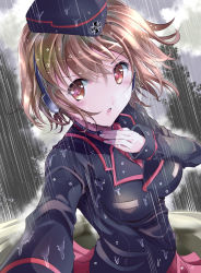 Rule 34 | 10s, 1girl, brown eyes, brown hair, commentary request, emblem, garrison cap, girls und panzer, hat, kuromorimine (emblem), long sleeves, looking at viewer, matching hair/eyes, military, military uniform, military vehicle, motor vehicle, nishizumi miho, ogata tei, outdoors, rain, short hair, solo, tank, throat microphone, uniform, water, wet, wet clothes, wet hair