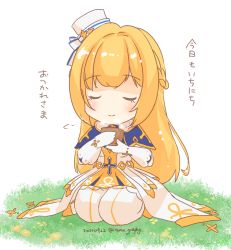 Rule 34 | 1girl, blonde hair, blue bow, blue capelet, blue dress, blush, bow, braid, capelet, chibi, closed eyes, closed mouth, commentary request, cross, cup, dress, french braid, full body, gloves, grass, hat, hat bow, hat ornament, highres, holding, holding cup, long hair, multicolored clothes, multicolored dress, pillbox hat, ragnarok masters, ragnarok online, saint (ragnarok masters), seiza, sitting, smile, solo, star (symbol), star hat ornament, steam, striped, striped bow, thighhighs, tomo-graphy, translation request, white bow, white dress, white gloves, white hat, white thighhighs, yellow dress