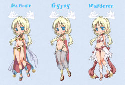 Rule 34 | 1girl, bangle, bikini, blonde hair, blue background, blue eyes, blush, bow, bracelet, breasts, brown footwear, character name, choker, commentary request, dancer (ragnarok online), detached sleeves, feathered wings, full body, gem, gypsy (ragnarok online), halterneck, harem pants, head wings, jewelry, kawagoe pochi, large bow, long hair, looking at viewer, medium breasts, midriff, mismatched bikini, navel, necklace, open mouth, pants, ragnarok online, red bikini, red bow, red sleeves, sandals, see-through, shawl, smile, swimsuit, twintails, wanderer (ragnarok online), white bikini, white wings, wings, yellow bikini