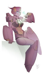 Rule 34 | 1girl, autobot, blue eyes, breasts, bug, butterfly, commentary, english commentary, glowing butterfly, highres, insect, mecha, medium breasts, nautica (transformers), navel, robot, sitting, solo, the transformers (idw), transformers, zoner
