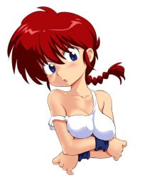 Rule 34 | 1girl, bad id, bad twitter id, blouse, blue eyes, blush, braid, braided ponytail, breasts, cleavage, cropped torso, crossed arms, female focus, funnyari, genderswap, genderswap (mtf), long hair, looking at viewer, medium breasts, parted lips, ranma-chan, ranma 1/2, red hair, saotome ranma, shirt, simple background, single braid, solo, strap slip, tank top, upper body, white background, white shirt, wristband