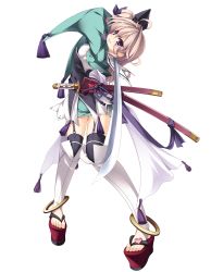 Rule 34 | 1girl, absurdres, anklet, appare! tenka gomen, artist request, feet, full body, highres, holding, holding sword, holding weapon, japanese clothes, jewelry, katana, long hair, looking at viewer, oogami ito, pink hair, platform clogs, purple eyes, sandals, sengoku koihime ~otome kenran sengoku emaki~, simple background, smile, solo, standing, sword, thighhighs, toeless legwear, toes, weapon, white background, wide sleeves, zettai ryouiki