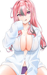 Rule 34 | 1girl, :q, absurdres, arms up, azur lane, breasts, bremerton (azur lane), cleavage, collarbone, collared shirt, commentary request, grey hair, hair between eyes, hair down, hair intakes, highres, large breasts, long hair, long sleeves, looking at viewer, mole, mole on breast, mole under eye, multicolored hair, panties, partial commentary, partially unbuttoned, pink eyes, pink hair, purple panties, shirt, sidelocks, simple background, sitting, sleeves past fingers, sleeves past wrists, smile, solo, streaked hair, tongue, tongue out, two-tone hair, underwear, white background, white shirt, yuuki atori