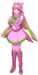 Rule 34 | 1girl, alternate color, back bow, belt, boots, bow, bowtie, closed mouth, creatures (company), crobat, detached sleeves, dress, full body, game freak, gen 2 pokemon, gloves, green bow, green bowtie, high heel boots, high heels, katagiri hachigou, long hair, long sleeves, nintendo, pantyhose, personification, pink dress, pink eyes, pink pantyhose, pokemon, purple belt, purple bow, purple footwear, purple scarf, purple sleeves, red eyes, scarf, shiny pokemon, simple background, solo, standing, white background, white gloves