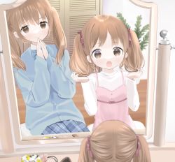 Rule 34 | + +, 2girls, :o, brown eyes, brown hair, camisole, cardigan, hair ribbon, hair tie, hands up, hat, highres, holding, holding hair, long sleeves, mirror, mole, mole under eye, multiple girls, neck ribbon, open mouth, original, own hands together, plaid, plaid skirt, pleated skirt, reflection, ribbon, ryouseki, school uniform, skirt, sleeves past wrists, smile, twintails