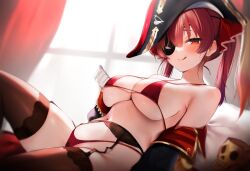 Rule 34 | 1girl, absurdres, black hat, breasts, hat, heterochromia, highres, hololive, houshou marine, large breasts, looking at viewer, maru ccy, red eyes, red hair, smile, solo, twintails, underwear, virtual youtuber, yellow eyes