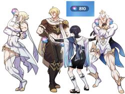 Rule 34 | 2boys, 2girls, abs, absurdres, aether (genshin impact), armor, blonde hair, boots, braid, closed mouth, commentary, detached sleeves, dress, earrings, english commentary, faceless, faceless female, faceless male, flexing, full body, genshin impact, gloves, hair ornament, halo, highres, holding, intertwined fate, japanese armor, japanese clothes, jewelry, jojo no kimyou na bouken, jojo pose, kote, kurokote, long hair, lumine (genshin impact), multiple boys, multiple girls, muscular, muscular female, muscular male, paimon (genshin impact), pants, pillosopi, purple hair, scaramouche (genshin impact), scarf, short hair with long locks, simple background, single braid, single earring, single thighhigh, thigh boots, thighhighs, twitter username, wanderer (genshin impact), white background, white dress, white footwear, white hair, white thighhighs