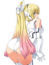 Rule 34 | 10s, 1girl, :o, arched back, arnval, ass, bad id, bad pixiv id, bare shoulders, blonde hair, blue eyes, blush, busou shinki, cowboy shot, dd (ijigendd), doll joints, elbow gloves, from behind, from side, gloves, gradient hair, headgear, joints, leaning forward, leotard, long hair, looking at viewer, looking back, multicolored hair, open mouth, pink hair, ponytail, profile, simple background, solo, thighhighs, twintails, very long hair, white background, white gloves, white thighhighs