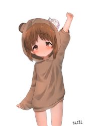 Rule 34 | 1girl, aged down, animal costume, animal hood, arm up, artist name, bad id, bad twitter id, bear costume, bear hood, blush, boko (girls und panzer), brown eyes, brown hair, commentary, girls und panzer, head tilt, highres, hood, inactive account, long sleeves, looking at viewer, nishizumi miho, one-hour drawing challenge, pajamas, short hair, signature, simple background, sleeves past wrists, solo, standing, tansokin (tanso panz), white background